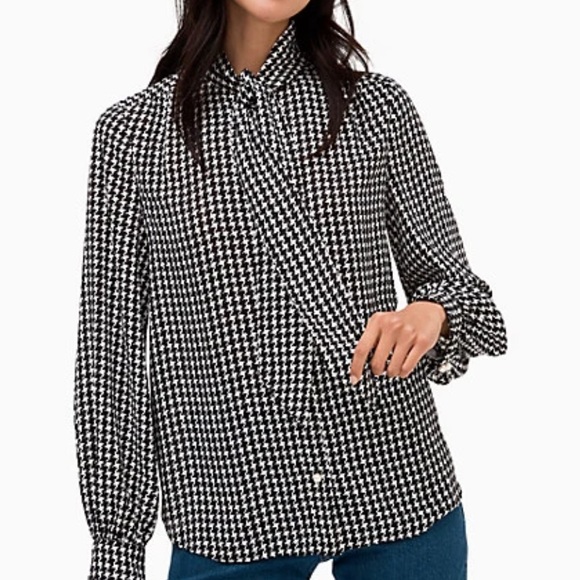 🎀 Kate Spade ♠️ Dashing Beauty Houndstooth tie neck Blouse - Picture 1 of 11